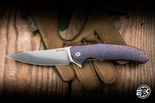 Herman Custom Knives Ishtar Folder Knife Purple Hammered Titanium 3.74" M390 Clip Point Shiny Stonewash