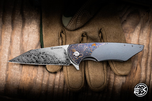 Herman Custom Knives Vespertilio Folding Knife Titanium, Black Timascus Inlay 2.99" Damasteel Wharncliffe Mirror Polish