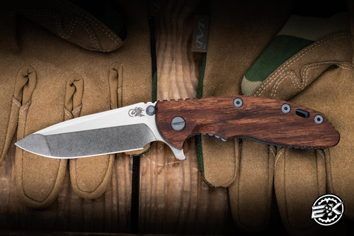Hinderer Knives XM-18 Flipper Knife Curly Koa/Battle Blue Titanium 3.5" 20CV Spanto Stonewash