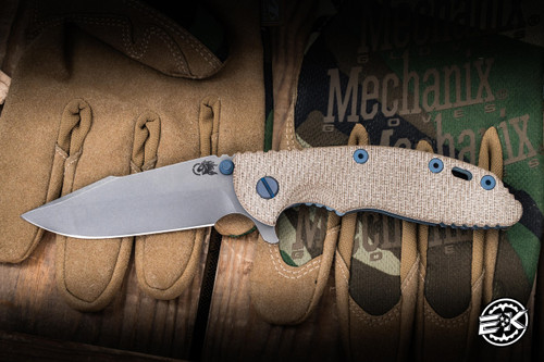 Hinderer Knives XM-18 Flipper Knife Textured OD Green Micarta/Camo Battle Blue Titanium 3.5" MagnaCut Harpoon Spanto