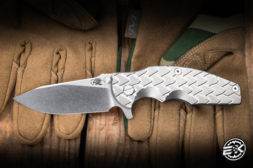 Rick Hinderer Knives Jurassic Folder Knife Stonewash/Silver Full Dragon Scale Titanium 3.38″ MagnaCut Slicer Stonewash