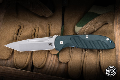 Rick Hinderer Knives FireTac Folding Knife Dark Green G10/Blue Titanium 3.6" 20CV Tanto Bead Blasted