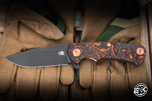 Rick Hinderer Knives Project X Flipper Knife Lava Flow Fat Carbon/ BB Bronze Titanium 3.65" MagnaCut Clip Point Battle Black