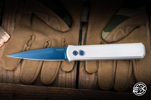 ProTech Godfather Automatic Folding Knife Satin Finish Silver Aluminum, Sapphire Blue 4" 154CM Stiletto Sapphire Blue PVD - Blade Show Exclusive