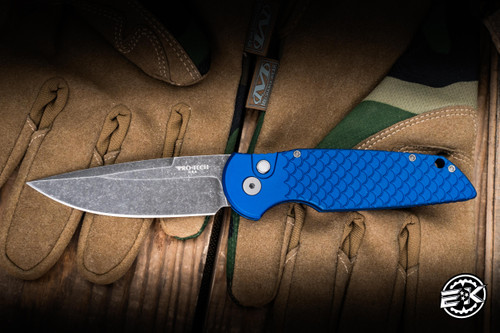 ProTech TR-3 Tactical Response Automatic Knife Blue Fish Scale Aluminum, White Pearl Button 3.5" 154CM Acid Wash - Blade Show Exclusive