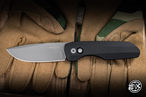 ProTech Vero Designs Synapse Automatic Folding Knife Black Aluminum, Abalone Button 3.5" MagnaMax Drop Point Blasted - Blade Show Exclusive