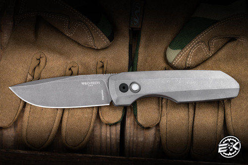 ProTech Vero Designs Custom Synapse Automatic Folding Knife 2 Tone Blasted/Tumbled 17-4 Heat Treated Steel, White Pearl Button 3.5" Nichols Raindrop Damascus SYNAPSE2.2026.003