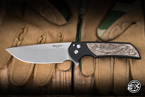ProTech Mordax Manual Flipper Knife Black Aluminum/Casted White Brass "USA 250th", White Pearl Button 3.75" MagnaCut Stonewash - Blade Show Exclusive