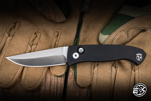 Protech Brend Automatic Folding Knife Solid Black Aluminum, Abalone Button 2.9" 154CM Satin- Blade Show Exclusive