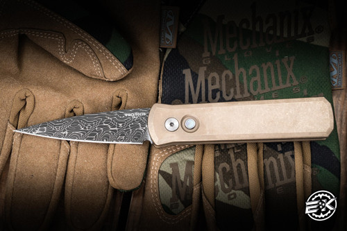 ProTech Custom 007 Godson Automatic Folding Knife Solid Bronze Aluminum, Black Lip Pearl Button 3" Vegas Forge "Vines & Roses" Damascus - Blade Show Exclusive