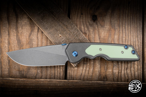A2D Attn2Detail Mercantile Mark 3 Large Folding Knife Seafoam Bakelite Titanium 3.75" MagnaCut Drop Point Rising Grind - Blade Show Exclusive