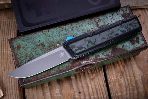 Chaves Knives Dissident OTF Battle Worn Aluminum, Kelp CF Inlay 3.8" M390 Drop Point Stonewash