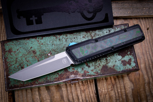 Chaves Knives Dissident OTF Battle Worn Aluminum, Kelp CF Inlay 3.8" M390 Tanto Stonewash