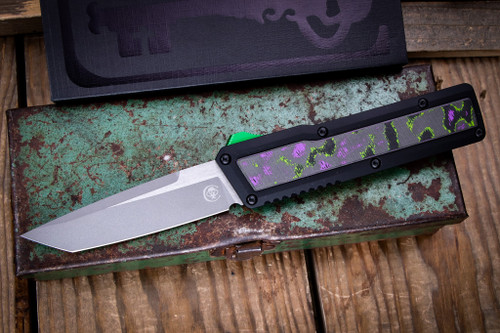 Chaves Knives Dissident OTF Automatic Knife Black Blasted Aluminum, Joker CF Inlay 3.8" M390 Tanto Stonewash