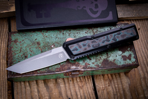Chaves Knives Dissident OTF Battle Worn Aluminum, Shipwreck CF Inlay 3.8" M390 Tanto Stonewash