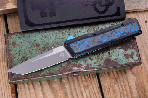 Chaves Knives Dissident OTF Battle Worn Aluminum, Electric Blue CF Inlay 3.8" M390 Tanto Stonewash