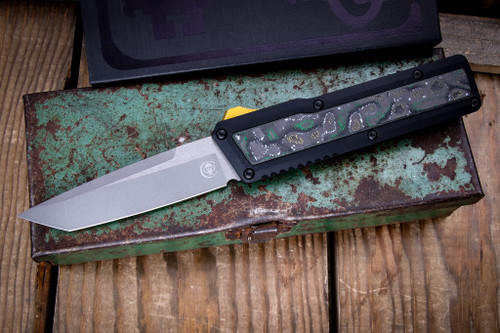 Chaves Knives Dissident OTF Automatic Knife Black Blasted Aluminum, Scrooge McDuck CF Inlay 3.8" M390 Tanto Stonewash