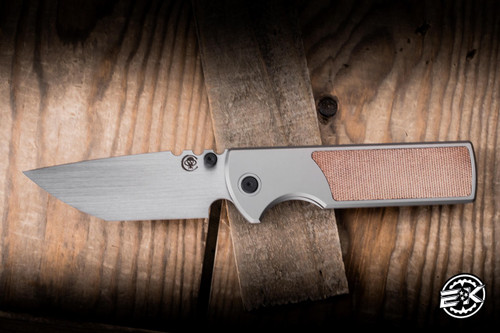 Chaves Knives Exclusive Magnetic Integral N.T.A.K. El Chicano Folding Knife Zirconium Blast Titanium, Brown Micarta Inlay 3.56" M390 Tanto Satin Chisel