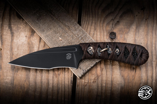 Bastinelli Knives Custom Sin Fixed Blade Knife Red Brown Tskuka Wrap 3.54" N690CO Bronze Menuki Tiger Dragon Black PVD