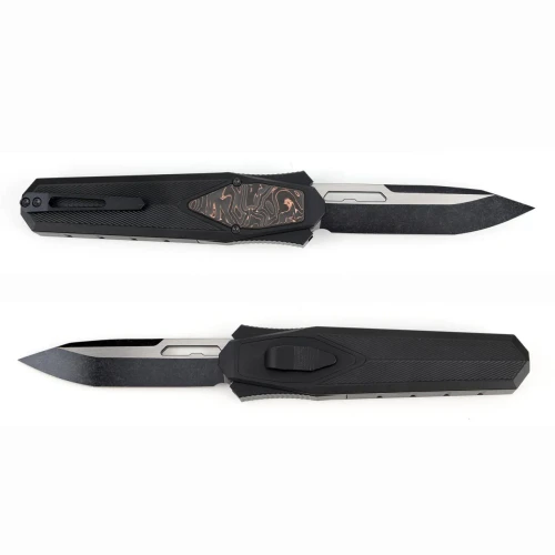 Remette RT Swordfish Gravity Knife Oxidized Black Aluminum, Carbon Fiber Inlay 3.15" S35VN Modified Tanto Titanium Coating Stonewash