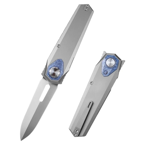 Remette Infinite Power Folding Knife Ceramic Sandblasted Titanium 3.15" M390 Dagger Pearlescent