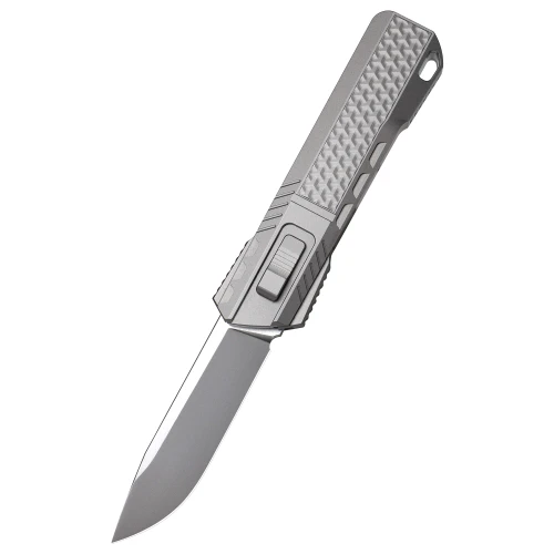Remette RT Sharp Leopard OTF Gravity Knife Ceramic Sandblasted Titanium, Carbon Fiber Inlay 2.76" M390 Drop Point Pearlescent