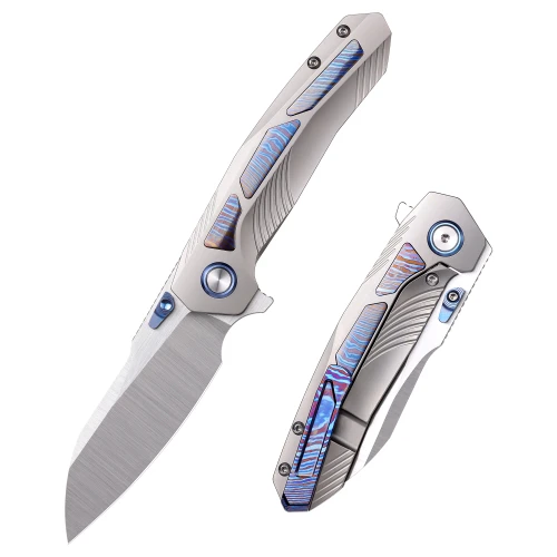 Remette Kestrel Folding Knife Ceramic Blasted Grey Titanium, Timascus Inlay 2.83" S35VN Reverse Tanto Satin