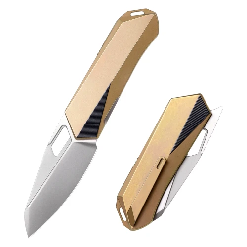 Remette Woodpecker Folding Knife Ceramic Sandblasted Gold Titanium 2.95" M390  Reverse Tanto Pearlescent