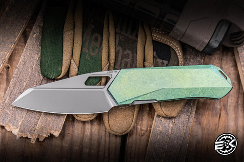 Remette RT-Woodpecker Folding Knife Crystal Green Titanium 2.95" M390  Reverse Tanto Pearlescent