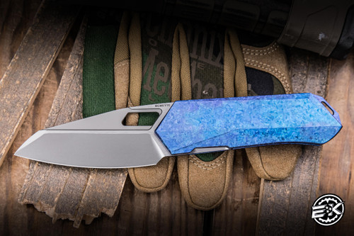 Remette RT-Woodpecker Folding Knife Crystal Blue Titanium 2.95" M390  Reverse Tanto Pearlescent