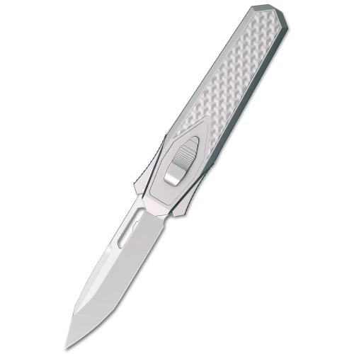 Remette RT Swordfish Knife Ceramic Sandblasted Titanium, Carbon Fiber Inlay 3.15" M390 Tanto Pearlescent