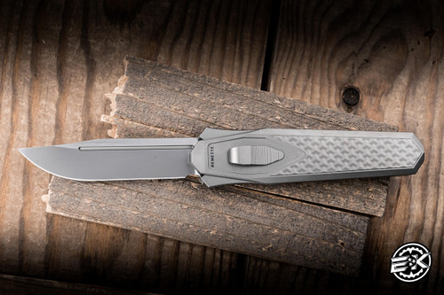 Remette RT-Swordfish OTF Gravity Knife Titanium + Red/White/Blue Carbon Fiber 3.03" M390 Clip Point Pearlescent Satin