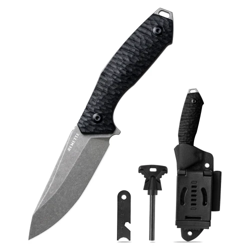 Remette Allosaurus Fixed Blade Knife Black G10 3.66" D2 Clip Point Stonewash