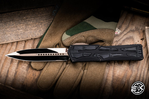 Heretic Custom Colossus Double Action OTF Automatic Knife Black Aluminum, Croc Inlays 3.5" M390 Dagger Bronze Cracked Ice BSATL26-008