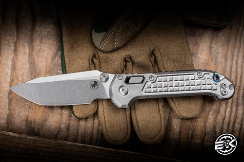 Microtech Marfione Select LUDT Automatic Folding Knife Stonewash Frag Titanium, Blue Accents 3.4" M390 Tanto Stonewash 1136RL-10FRMS2