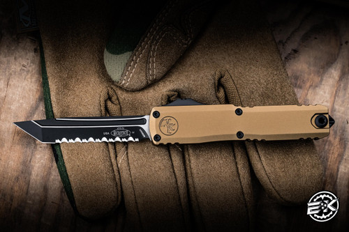 Microtech UTX-70 Gen IV Automatic OTF Knife Tan Aluminum 2.5" M390 Tanto Black Full Serrated 11494-3TA
