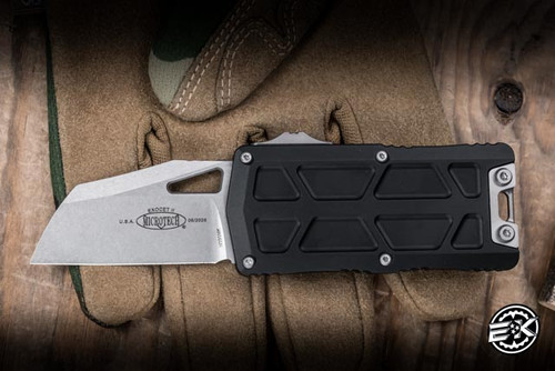 Microtech Exocet II Automatic OTF Knife/Money Clip Black Aluminum 2.34” M390 Wharncliffe Stonewash 1156-10