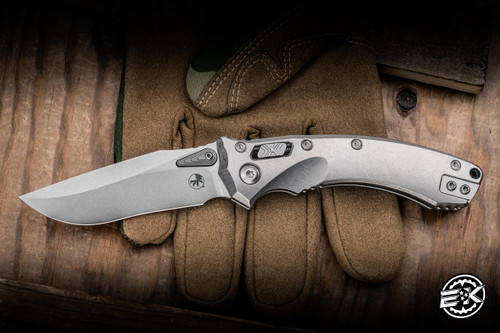 Microtech/Marfione Select Amphibian Mini Ram-LOK Folding Knife Slab Titanium, Blue Ti Accents 3.25” M390MK Stonewash 137MRL-10MS2
