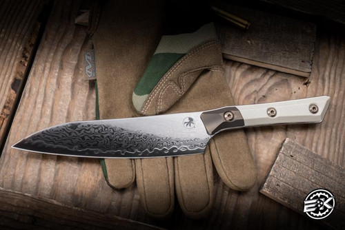 Microtech Prototype Utility Kitchen Knife Ivory G10/Bronzed Bolster 6" M390 San Mai Damascus 3400B-16IVPR