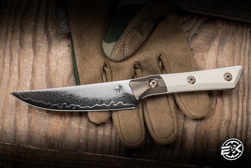 Microtech Prototype Fixed Blade Kitchen Steak Knife Ivory G10/Bronzed Bolster 4.5" M390 San Mai Damascus 3600B-16IVPR