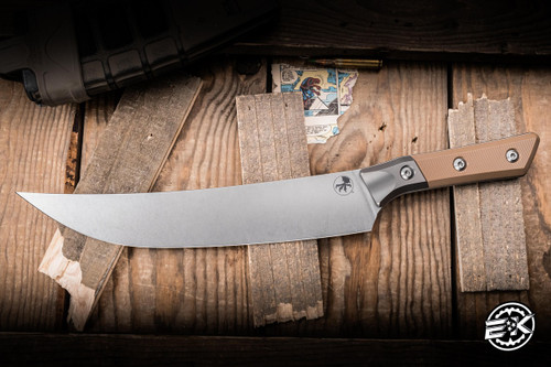 Microtech Fixed Blade Butcher Knife Coyote Tan G10/Titanium Bolster 10" M390 Stonewash 3800B-10CE