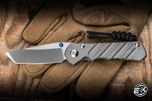 Chris Reeve Knives Small Inkosi Cross Hatch Folding Knife Sandblasted Titanium/Blue Accents 2.75" MagnaCut Tanto SIN-1156-001
