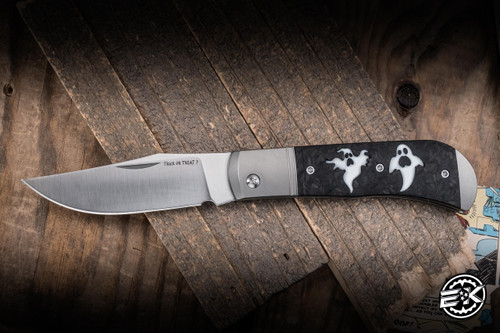 Preowned-Kizer Knives Trestle Halloween Limited Edition Folding Knife Titanium/Ghosts Carbon Fiber Inlay 2.89" 14C28N Clip Point Satin