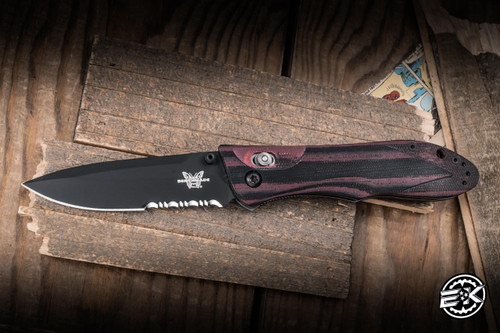 Preowned-Benchmade Vintage Ares Elishewitz Design Folding Knife Burgundy/Black G10 3.7" 154CM Drop Point Black Part-Serrated