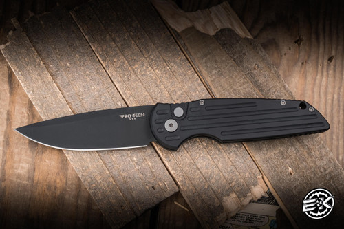 Preowned-Protech TR-3 Automatic Folding Knife Grooved Aluminum 3.5" S45VN Drop Point Black DLC