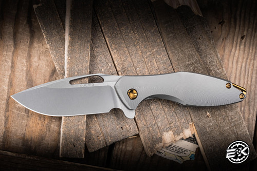Koenig Knives Arius Flipper Knife Blasted Patterned Titanium 3.5" M390 Drop Point Burnished Polished Flats