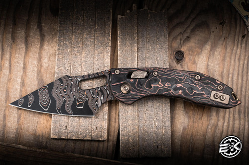 Microtech/Marfione Select "Stitch" Manual Ram-Lok Folding Knife Livewire Carbon Fiber/Bronze Ti Accent  3.75" Baker Forge Copper Mai Elite Damascus