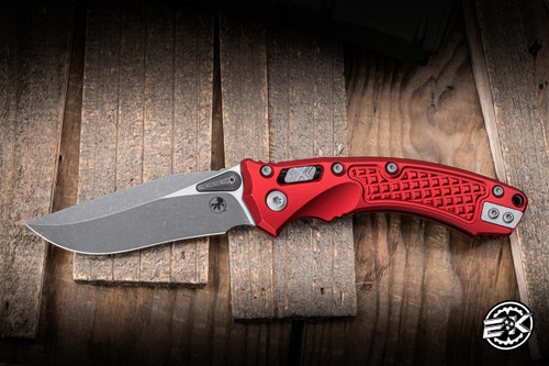 Microtech Amphibian Mini Ram-LOK Folding Knife Red Frag Aluminum 3.25” M390MK Drop Point Apocalyptic 137MRL-10APFRRD