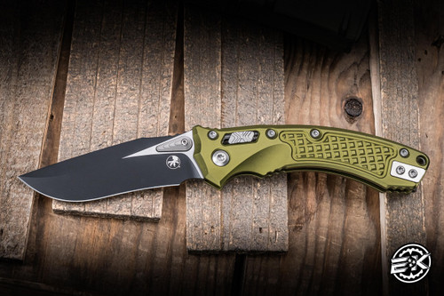 Microtech Amphibian Mini Ram-LOK Folding Knife OD Green Frag Aluminum 3.25” M390MK Drop Point Black 137MRL-1FROD
