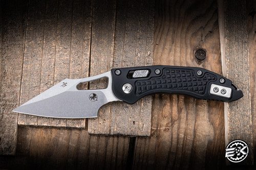 Microtech M-Stitch Ram-LOK Folding Knife Black Frag Aluminum 3.25" M390 Wharncliffe Stonewash 169MRL-10FR